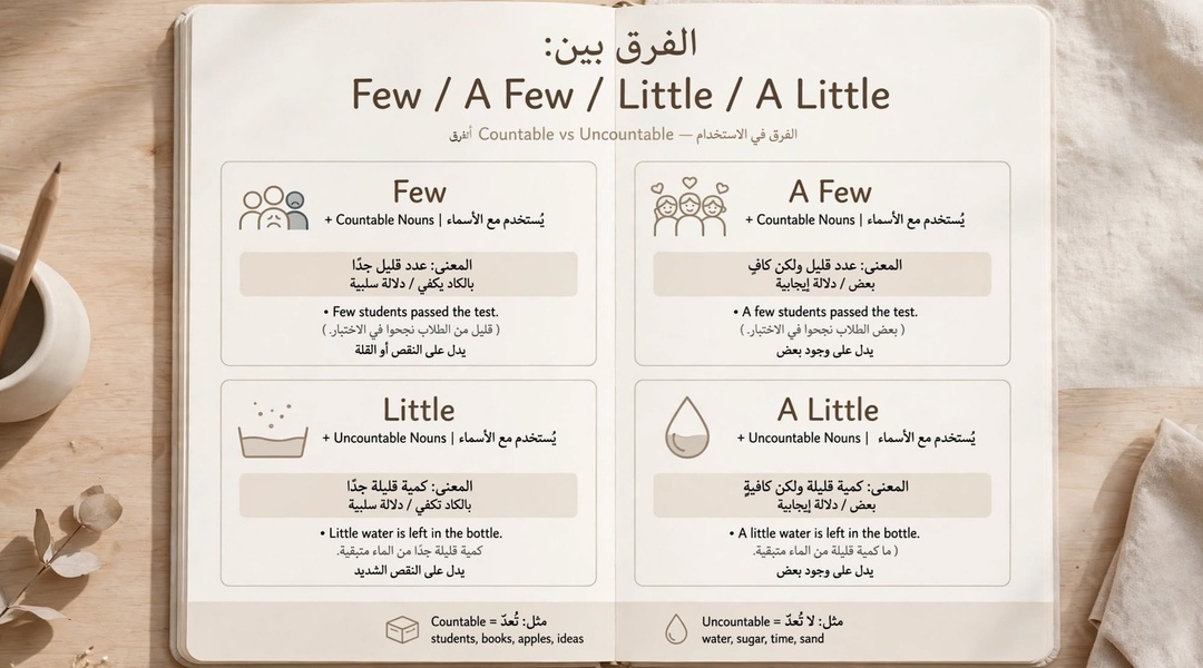 كيف أميز بين Few وA Few وLittle وA Little في اللغة الإنجليزية؟